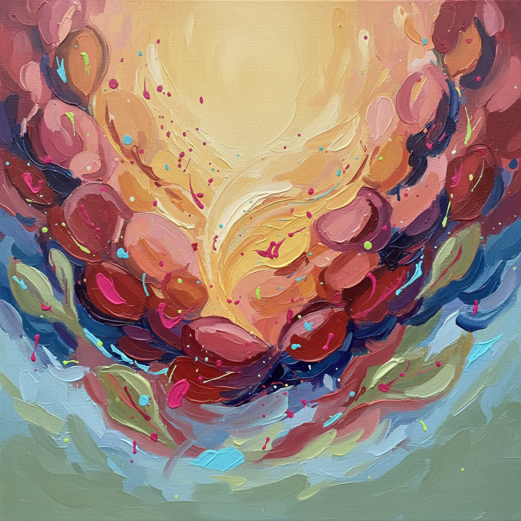 Example memorial art generated from a writing session — abstract expressionist painting in deep purples, blues, and warm amber